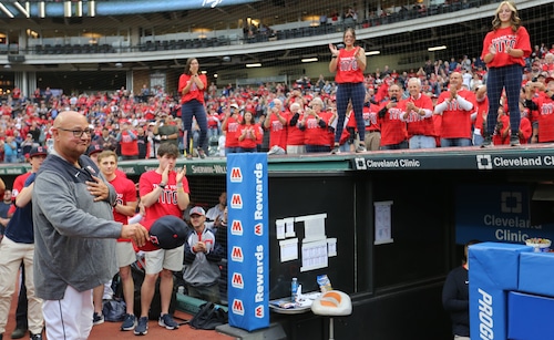 Cleveland Guardians manager Terry Francona acknowledges the appreciation from the fans on his last game managing the club this year at Progressive Field