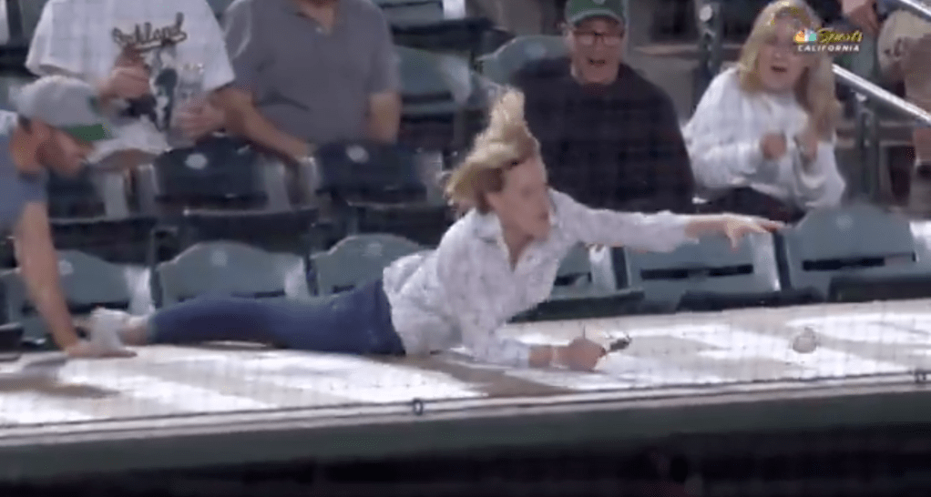 baseball dives on top of dugout to snag a foul ball