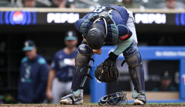 Seattle Mariners Mitch Garver exits game foul tip jaw 2025...