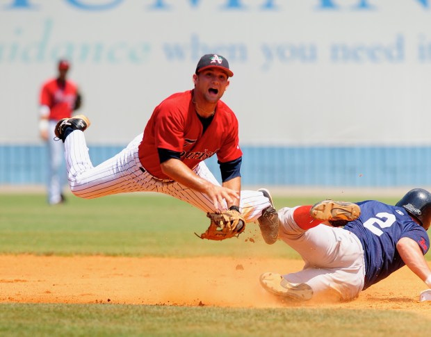 Warren Schaeffer turns a double play for the High-A Asheville Tourists during a game in 2008. (Photo provided by Jim Schaeffer)