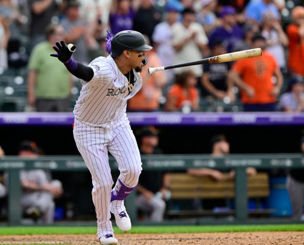 Colorado Rockies first baseman Orlando Arcia (11) hits a walk-off single against San Francisco Giants pitcher Randy Rodríguez (73) at Coors Field in Denver, on Thursday, June 12, 2025. Rockies won 8-7. (Photo by Andy Cross/The Denver Post)