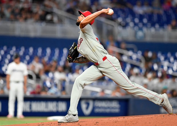 Philadelphia Phillies pitcher Cristopher Sánchez throws to a Miami Marlins hitter during the first inning of a baseball game, Thursday, June 19, 2025, in Miami. (AP Photo/Michael Laughlin)