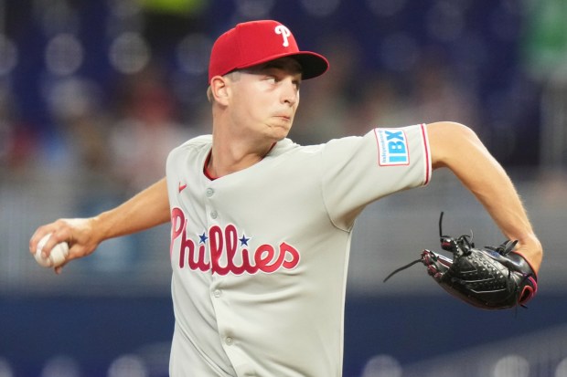 Philadelphia Phillies starting pitcher Mick Abel throws during the first inning of a game against the Miami Marlins, Monday, June 16, 2025, in Miami. (AP Photo/Lynne Sladky)