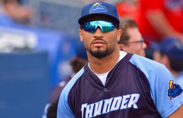 Thunder’s Jaden Sheffield looks on from outside the dugout during...