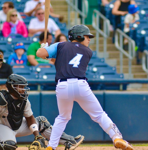 Thunder’s Taylor Belza bats against Frederick during an MLB Draft...