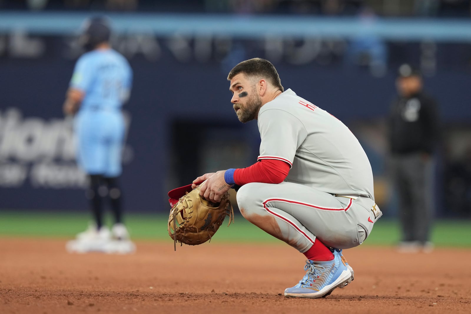Philadelphia Phillies first base Bryce Harper (3) is seen during fifth inning MLB baseball action against Toronto Blue Jays in Toronto on Tuesday June 3, 2025. (Chris Young/The Canadian Press via AP)