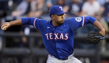 Texas Rangers pitcher Kumar Rocker delivers to the Tampa Bay Rays during the first inning of a baseball game Wednesday, June 4, 2025, in Tampa, Fla. (AP Photo/Chris O'Meara)