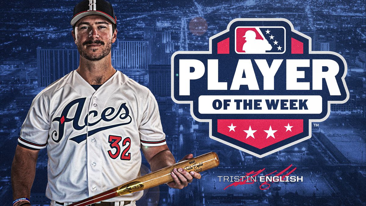 Tristin English poses with a bat and a graphic proclaiming him Player of the Week