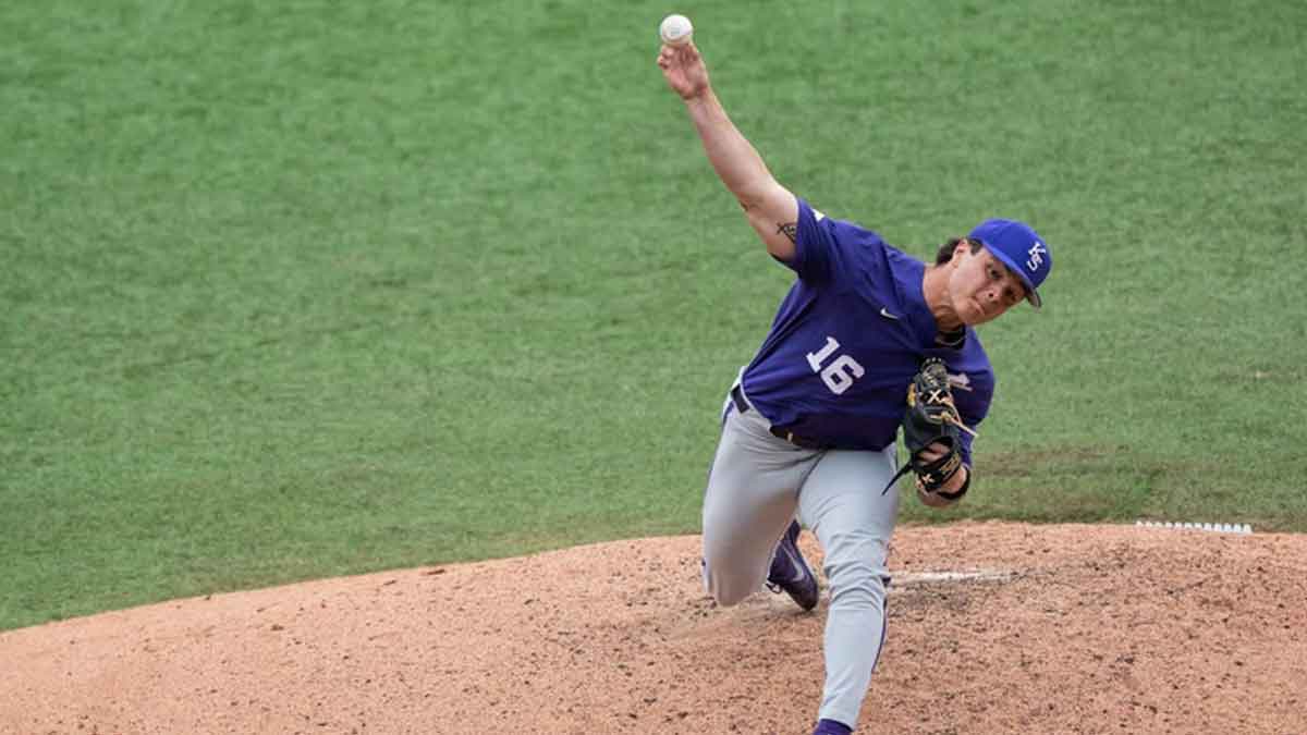 Kansas State pitcher Tyson Neighbors (16) pitches for the Wildcats in the second inning of the Texas Longhorns' game against the Kansas State at UFCU Disch-Falk Field, April 8, 2023. The Wildcats won the game 6-5.