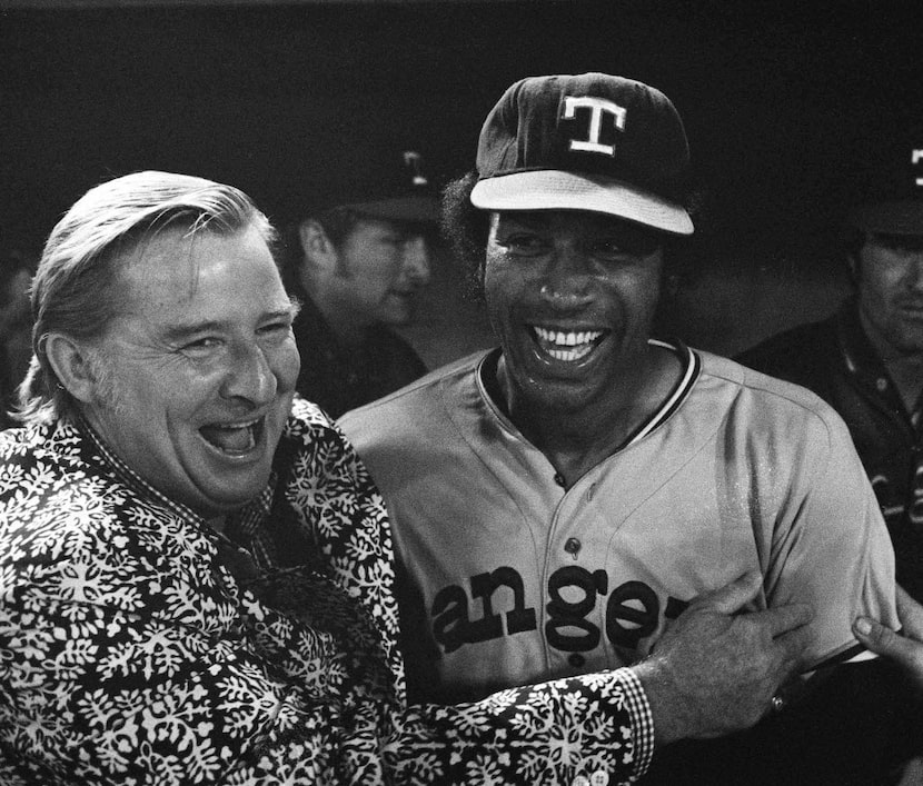 Jim Bibby, July 30, 1973: Bibby (right), being congratulated by Rangers owner Bob Short the...