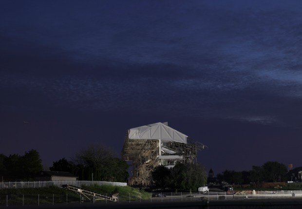 Main grandstand demolition continues at the former Arlington International Racecourse...