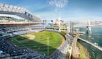 A rendering provided by the Portland Diamond Project shows what a proposed baseball stadium would look like if Major League Baseball agrees to bring a new team to the city. Supporters want the Oregon Legislature to pass a bill providing $800 million in bonds to build the new stadium along the city's south waterfront.