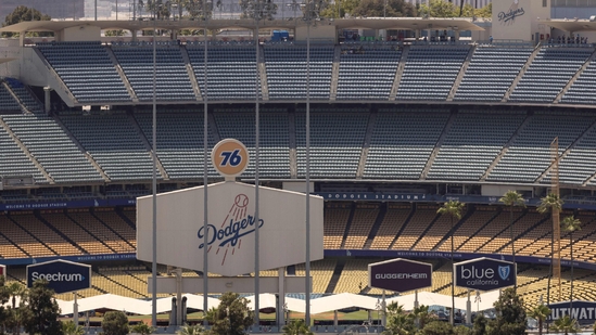 Dodgers vs. Padres game overshadowed by ICE standoff. (Photo by ETIENNE LAURENT / AFP)(AFP)