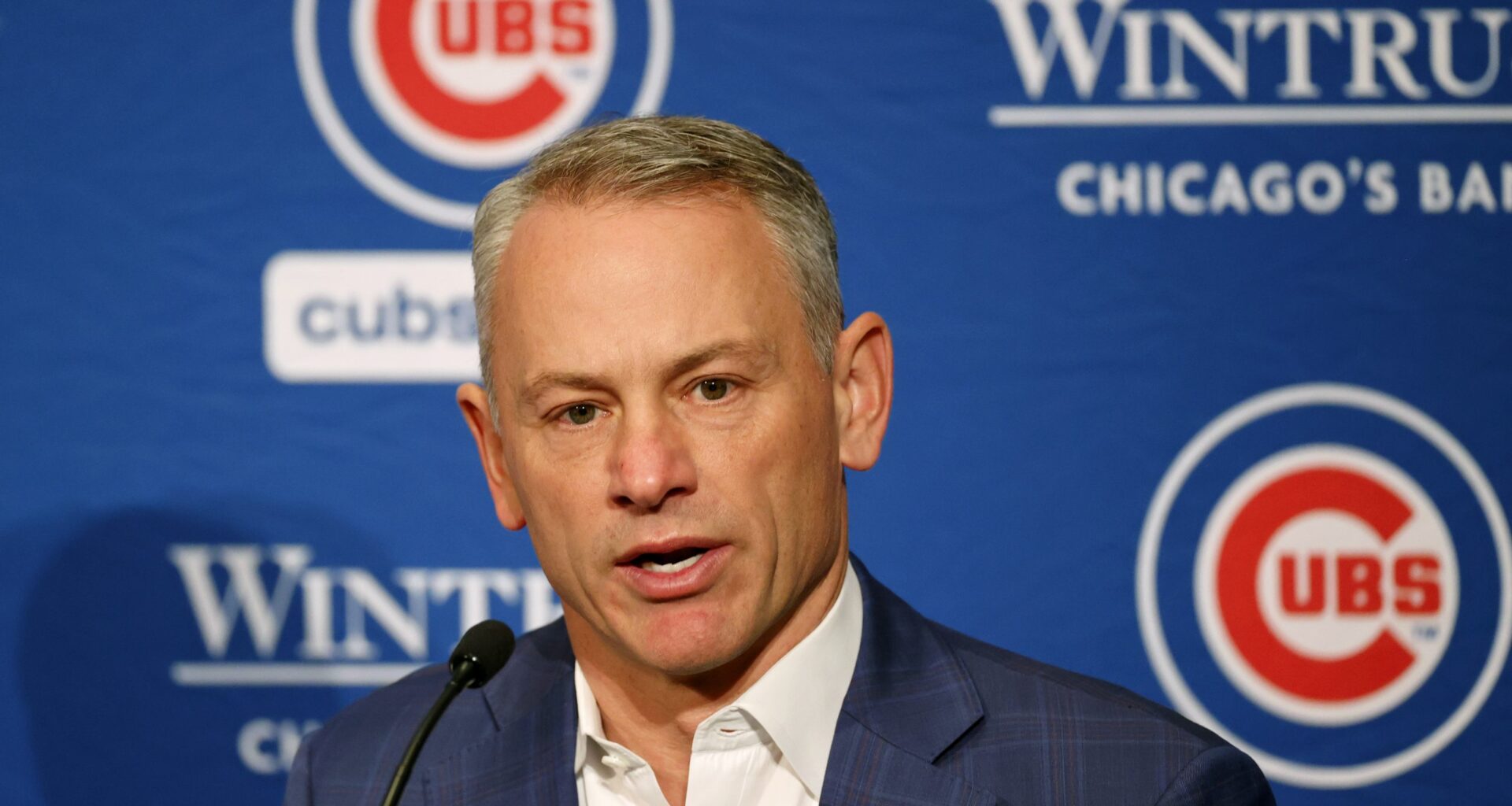 Chicago Cubs president of baseball operations Jed Hoyer talks to the media after introducing pitcher Shota Imanaga (not pictured) during a press conference at Loews Chicago Hotel.
