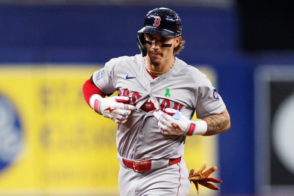 May 21, 2024; St. Petersburg, Florida, USA; Boston Red Sox outfielder Jarren Duran (16) runs the bases after hitting a home run against the Tampa Bay Rays in the sixth inning at Tropicana Field. Mandatory Credit: Nathan Ray Seebeck-USA TODAY Sports