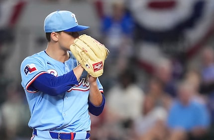Texas Rangers pitcher Jack Leiter delivered during the first inning of baseball game against...