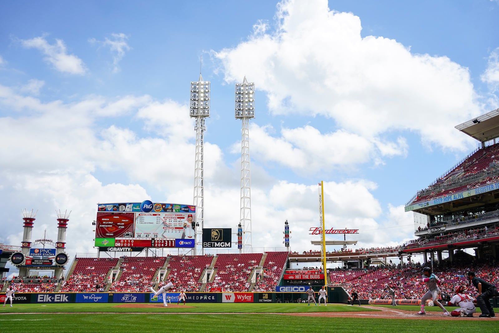 A general view of a baseball game between the Arizona Diamondbacks and Cincinnati Reds during the fifth inning, Sunday, June 8, 2025, in Cincinnati. (AP Photo/Jeff Dean)