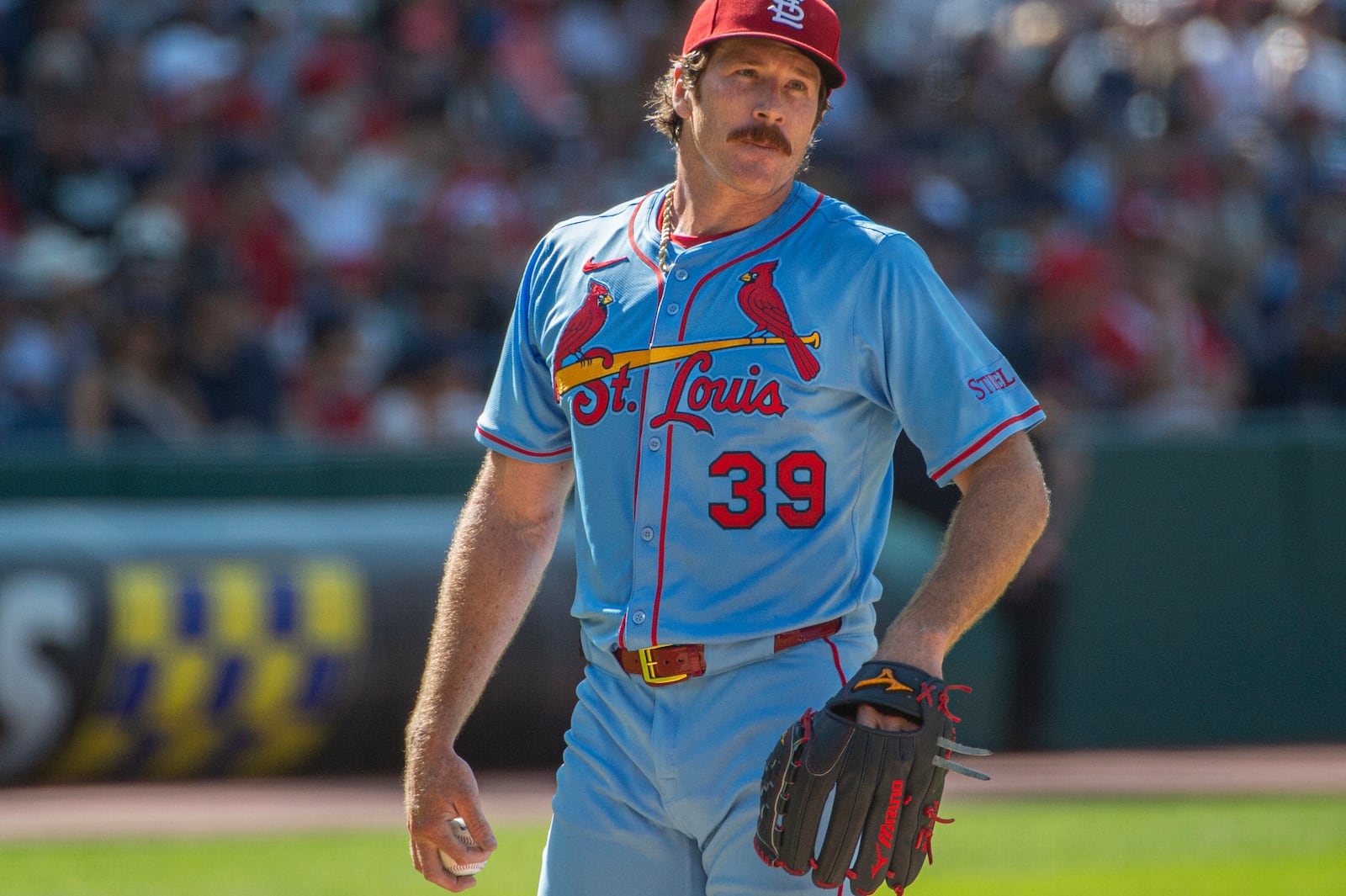 St. Louis Cardinals starting pitcher Miles Mikolas reacts after giving up a two-run home run to Cleveland Guardians' Gabriel Arias during the fourth inning of a baseball game, Saturday, June 28, 2025, in Cleveland. (AP Photo/Phil Long)