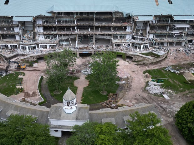 Demolition of the grandstand continues at the former Arlington International...