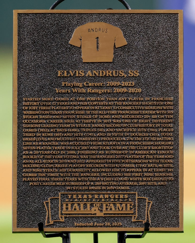 Elvis Andrus’ Texas Rangers Baseball Hall of Fame induction plaque is seen during his...