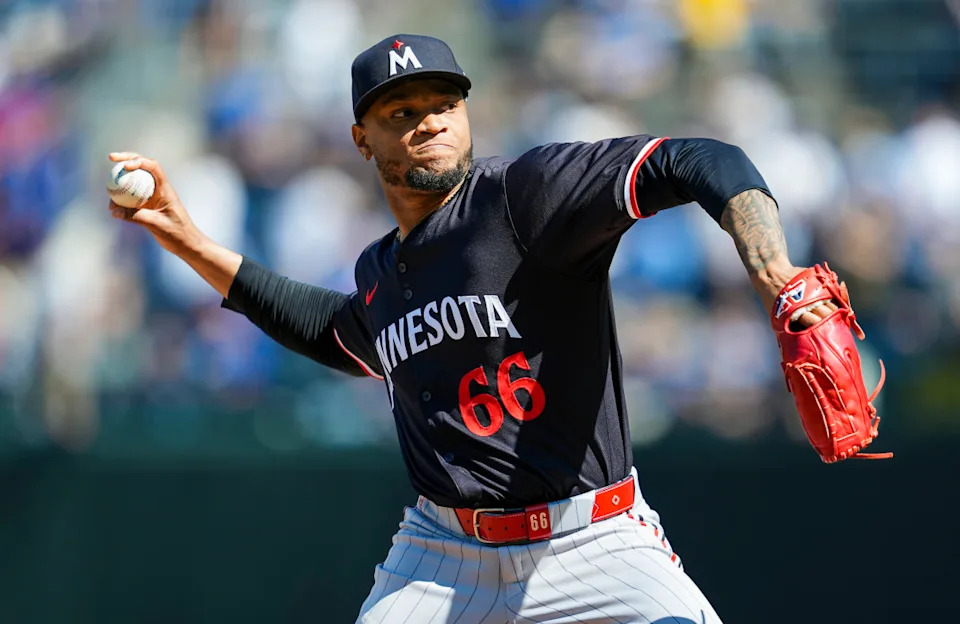 Sep 8, 2024; Kansas City, Missouri, USA; Minnesota Twins relief pitcher Jorge Alcala (66) pitches during the seventh inning against the Kansas City Royals at Kauffman Stadium. Mandatory Credit: Jay Biggerstaff-Imagn Images Jay Biggerstaff-Imagn Images