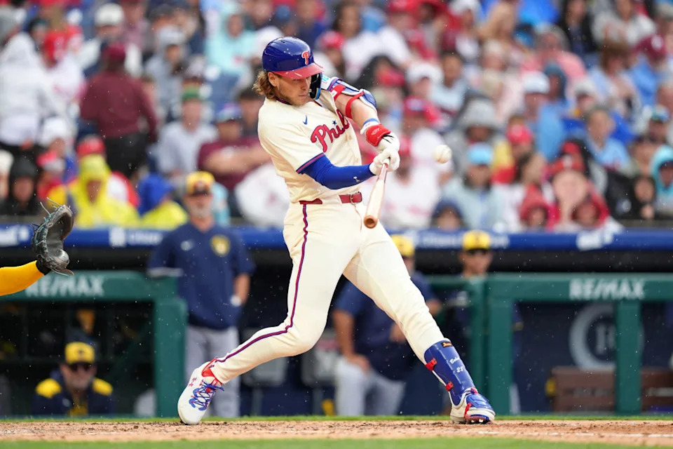 Philadelphia Phillies infielder Alec Bohm (28) hits a home run against the Milwaukee Brewers in the fourth inning at Citizens Bank Park.Kyle Ross-Imagn Images