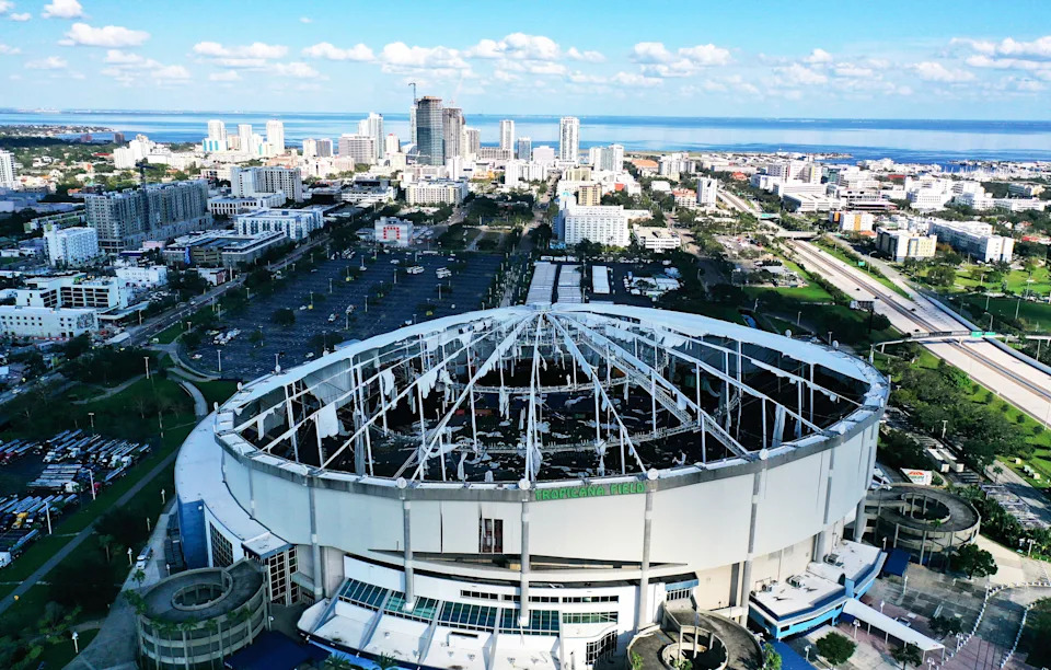 ST  PETERSBURG, FLORIDA, UNITED STATES - 2024/10/13: In this aerial view, the domed roof at Tropicana Field, the home of the Tampa Bay Rays, is seen ripped to shreds from Hurricane Miltonís powerful winds in St. Petersburg. (Photo by Paul Hennessy/SOPA Images/LightRocket via Getty Images)
