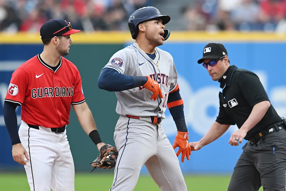 Jun 8, 2025; Cleveland, Ohio, USA; Houston Astros right fielder Cam Smith (11) celebrates after hitting an RBI double during the seventh inning against the Cleveland Guardians at Progressive Field. Mandatory Credit: Ken Blaze-Imagn Images