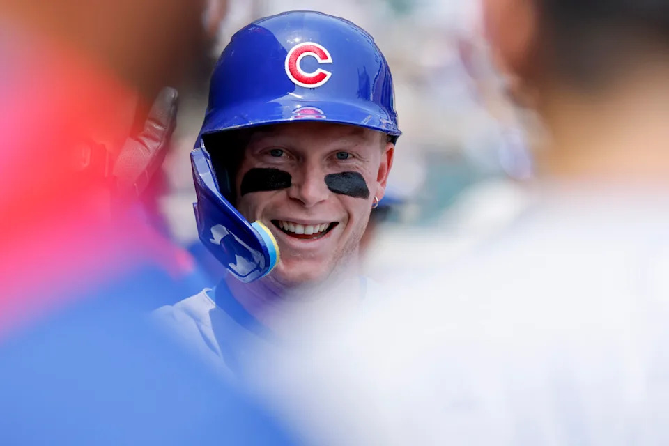 Chicago Cubs outfielder Pete Crow-Armstrong (4) receives congratulations from teammates after he hits a home run in the seventh inning against the Detroit Tigers at Comerica Park.Rick Osentoski-Imagn Images