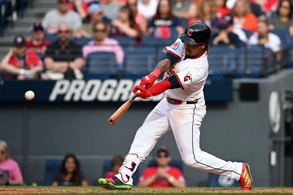 CLEVELAND, OHIO - JUNE 07: JosÃ© RamÃ­rez #11 of the Cleveland Guardians hits a single during the sixth inning against the Houston Astros at Progressive Field on June 07, 2025 in Cleveland, Ohio. (Photo by Nick Cammett/Getty Images)