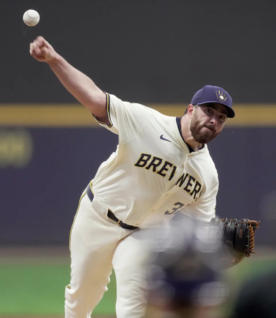 Milwaukee Brewers pitcher Aaron Civale (32) throws during the first inning of their game against the Boston Red Sox Tuesday, May 27, 2025 at American Family Field in Milwaukee, Wisconsin.
