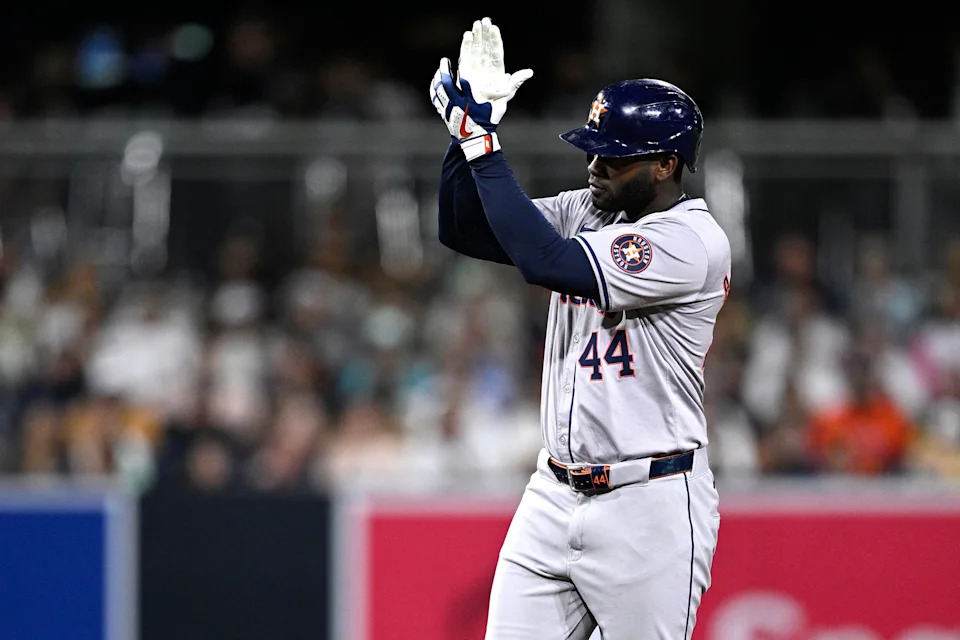 Sep 17, 2024; San Diego, California, USA; Houston Astros designated hitter Yordan Alvarez (44) celebrates after hitting a double against the San Diego Padres during the eighth inning at Petco Park. Mandatory Credit: Orlando Ramirez-Imagn Images