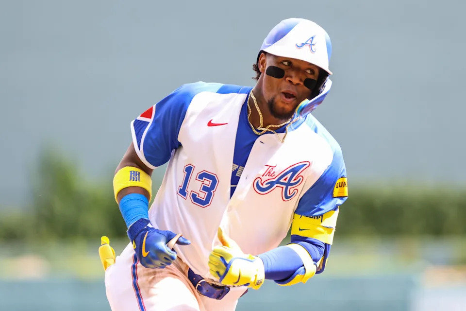 Atlanta Braves outfielder Ronald Acuna Jr. (13) celebrates hitting a home run.Jordan Godfree-Imagn Images