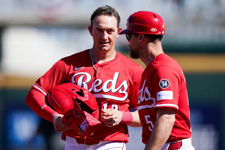 New Reds outfielder Austin Hays, left, could miss as few as six games with a minor calf injury that has him starting the season on the injured list.
