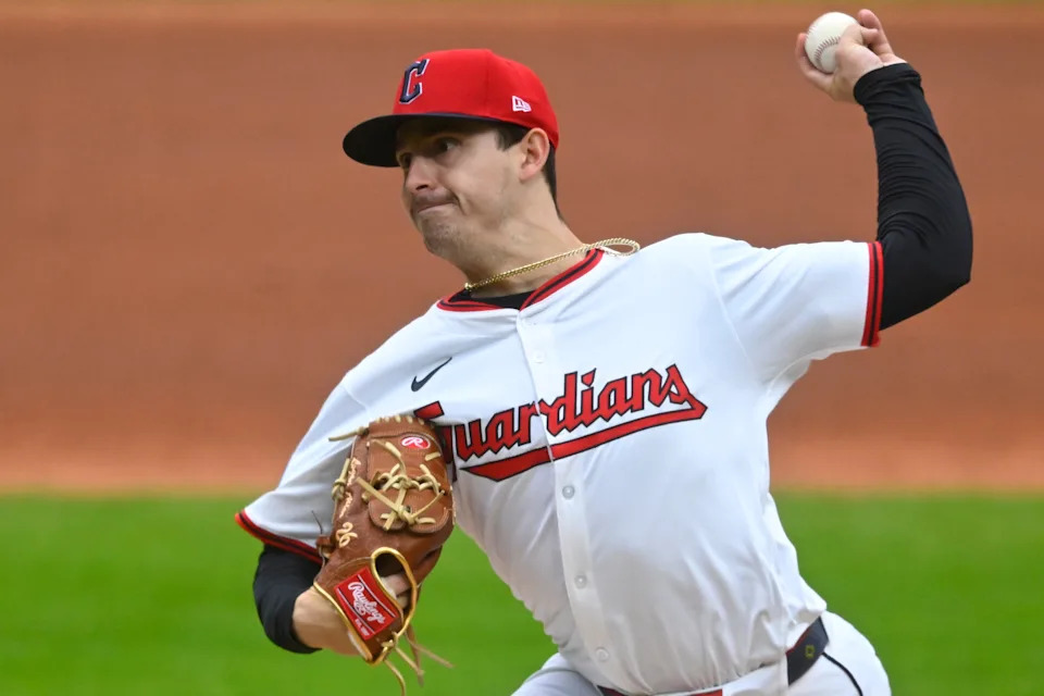 Guardians starting pitcher Logan Allen delivers a first-inning pitch against the Milwaukee Brewers, May 13, 2025, in Cleveland.