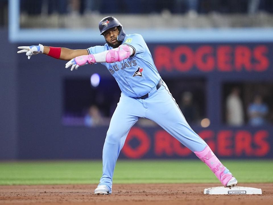  Vladimir Guerrero Jr. of the Toronto Blue Jays celebrates a double against the Athletics in the first inning in their MLB game at the Rogers Centre on Sunday, June 1, 2025, in Toronto.