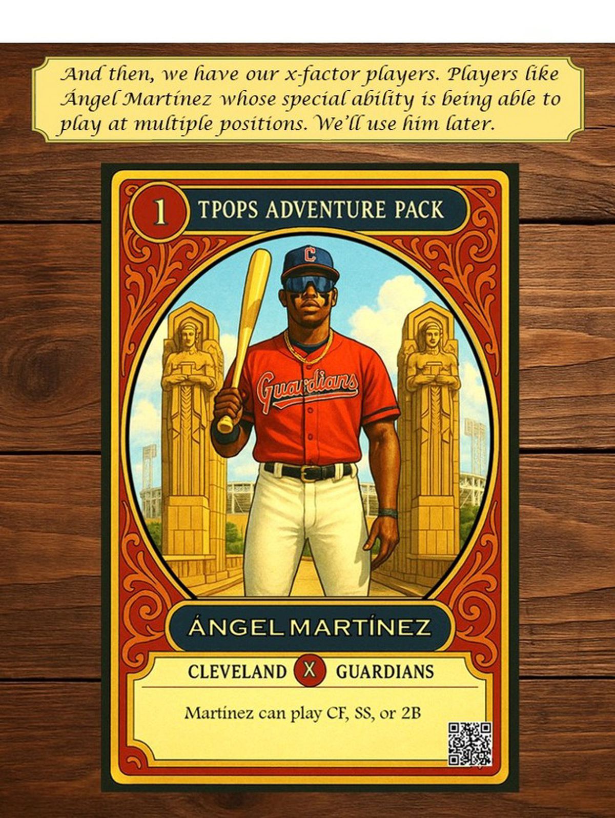 Illustrated baseball card of Ángel Martínez in Guardians uniform, holding a bat and standing between stone statues. Text below lists his versatility at CF, SS, or 2B.
