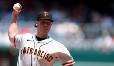 Anthony DeSclafani #26 of the San Francisco Giants pitches to a Washington Nationals batter in the ...