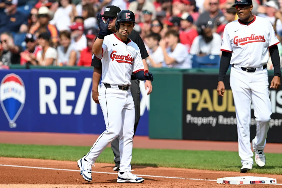 CLEVELAND, OHIO - JUNE 07: Steven Kwan #38 of the Cleveland Guardians celebrates hitting a single during the first inning against the Houston Astros at Progressive Field on June 07, 2025 in Cleveland, Ohio. (Photo by Nick Cammett/Getty Images)