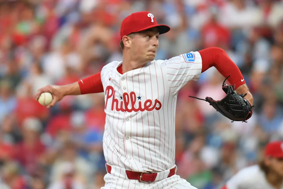 Jun 10, 2025; Philadelphia, Pennsylvania, USA; Philadelphia Phillies pitcher Mick Abel (40) throws a pitch during the fourth inning against the Chicago Cubs at Citizens Bank Park.Eric Hartline-Imagn Images