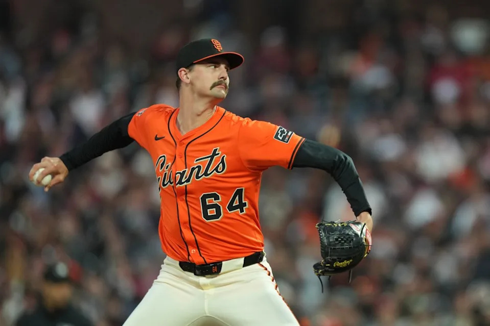 Sean Hjelle of the San Francisco Giants pitches during the game between the Boston Red Sox and the San Francisco Giants at Oracle Park on Friday, June 20, 2025 in San Francisco, California. MLB Photos via Getty Images