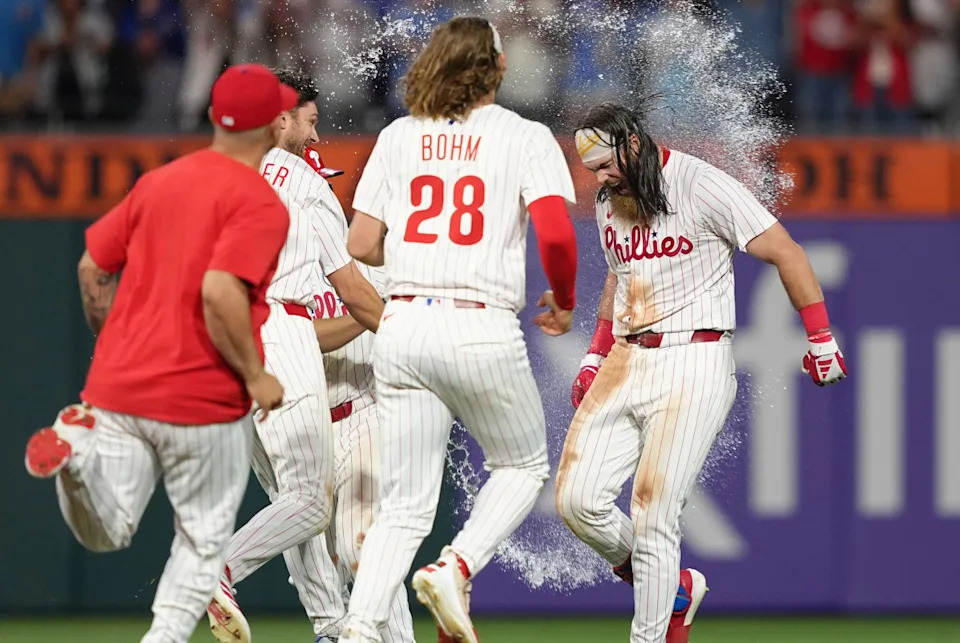 Philadelphia Phillies outfielder Brandon Marsh celebrates with teammates after hitting an 11th-inning single to beat the Cubs 4-3 on June 10, 2025.Kyle Ross-Imagn Images
