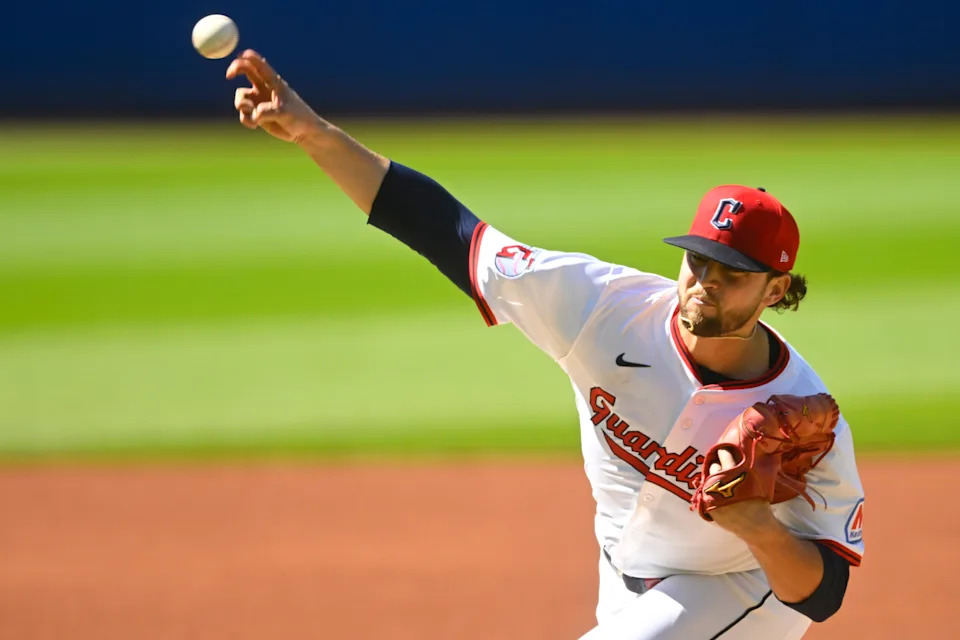 May 31, 2025; Cleveland, Ohio, USA; Cleveland Guardians starting pitcher Slade Cecconi (44) delivers a pitch in the first inning against the Los Angeles Angels at Progressive Field. Mandatory Credit: David Richard-Imagn Images
