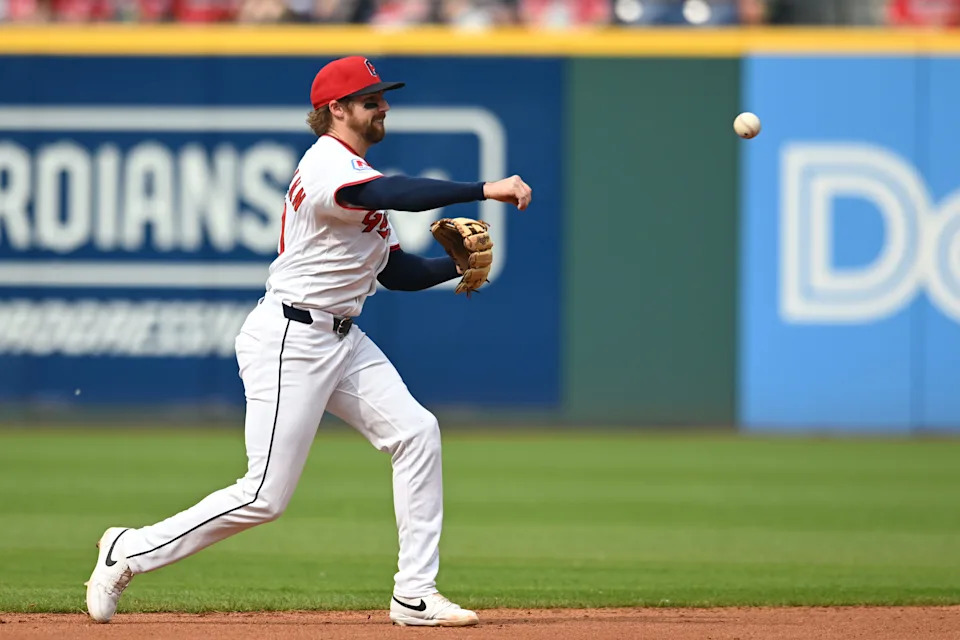 Jun 7, 2025; Cleveland, Ohio, USA; Cleveland Guardians second baseman Daniel Schneemann (10) throws out Houston Astros left fielder Jose Altuve (not pictured) during the fourth inning at Progressive Field. Mandatory Credit: Ken Blaze-Imagn Images
