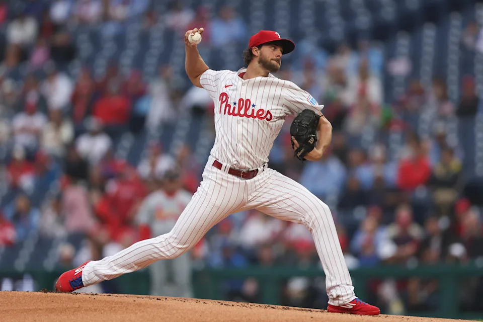 Philadelphia Phillies pitcher Aaron Nola (27) throws a pitch during the first inning against the St. Louis Cardinals at Citizens Bank Park.Bill Streicher-Imagn Images