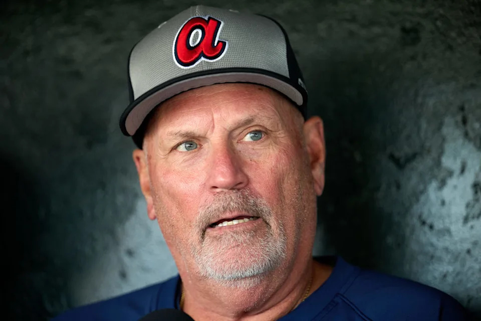 Atlanta Braves manager Brian Snitker (43) talks to the media in the dugout before the game between the San Francisco Giants and the Atlanta Braves at Oracle Park.Robert Edwards-Imagn Images