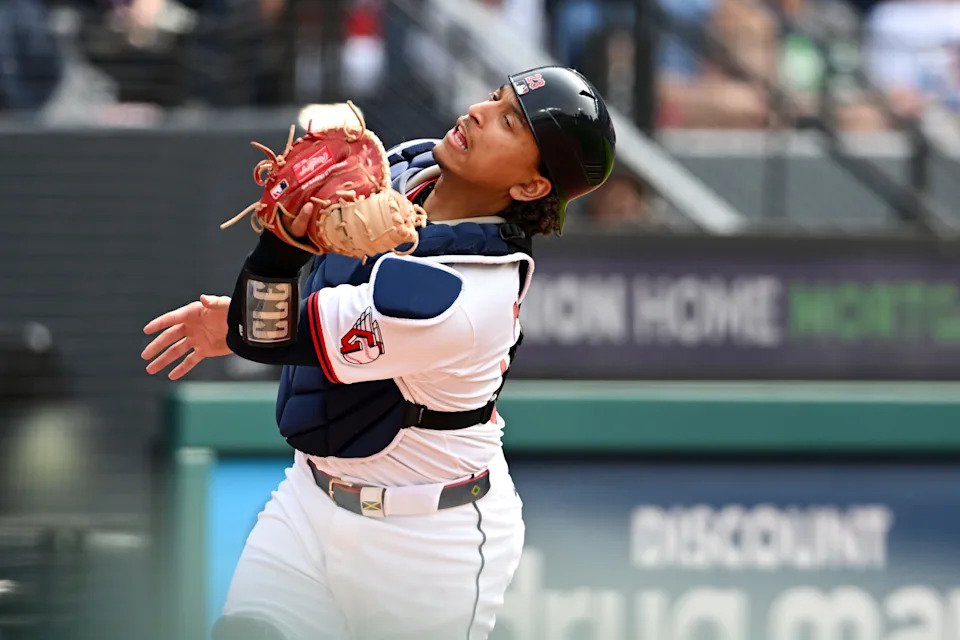 CLEVELAND, OHIO - JUNE 07: Bo Naylor #23 of the Cleveland Guardians catches a pop foul ball hit by Brendan Rodgers of the Houston Astros during the third inning at Progressive Field on June 07, 2025 in Cleveland, Ohio. (Photo by Nick Cammett/Getty Images)