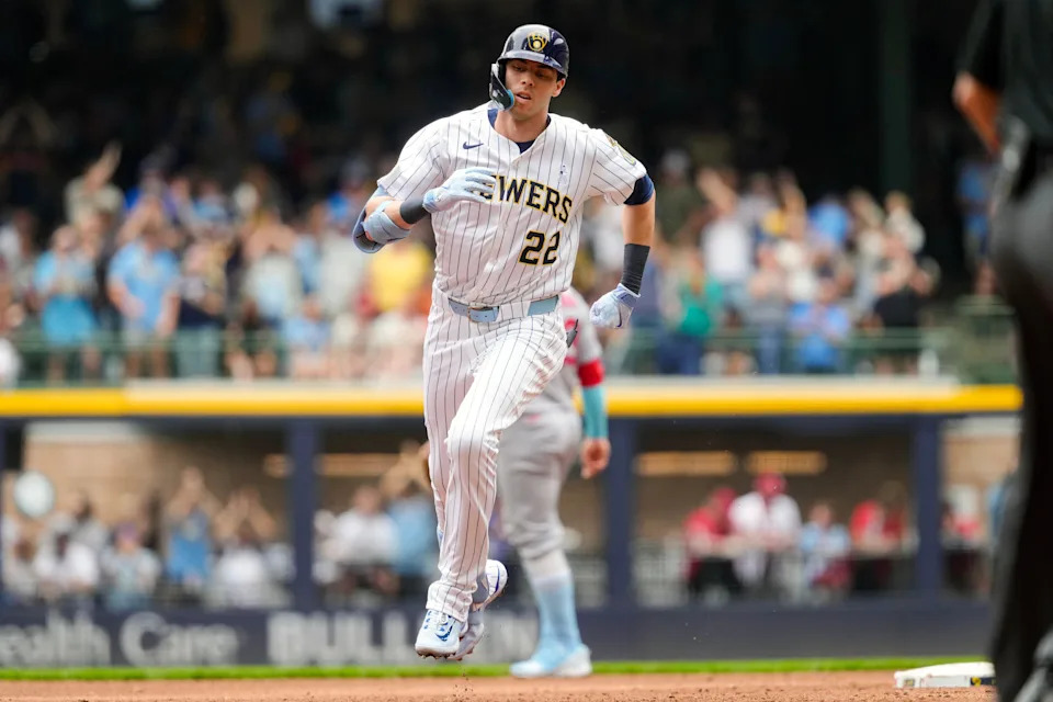 Jun 15, 2025; Milwaukee, Wisconsin, USA; Milwaukee Brewers designated hitter Christian Yelich (22) rounds the bases after hitting a home run during the fourth inning against the St. Louis Cardinals at American Family Field. Mandatory Credit: Jeff Hanisch-Imagn Images