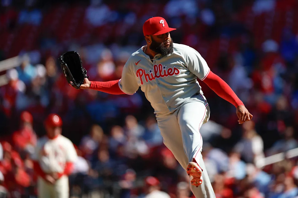 ST LOUIS, MISSOURI - APRIL 12: Jose Alvarado #46 of the Philadelphia Phillies throws a pitch in the ninth inning during a game against the St. Louis Cardinals at Busch Stadium on April 12, 2025 in St Louis, Missouri. (Photo by Brandon Sloter/Getty Images)