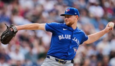 Toronto Blue Jays' Eric Lauer pitches in the first inning of a baseball game against the Cleveland Guardians in Cleveland, Tuesday, June 24, 2025. (AP Photo/Sue Ogrocki)